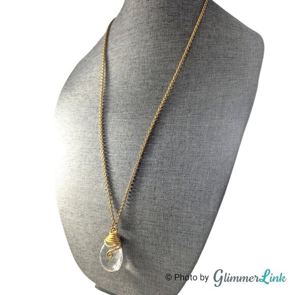 Vintage Large Acrylic Crystal Teardrop Gold Tone Pendant Necklace - Picture 5 of 11